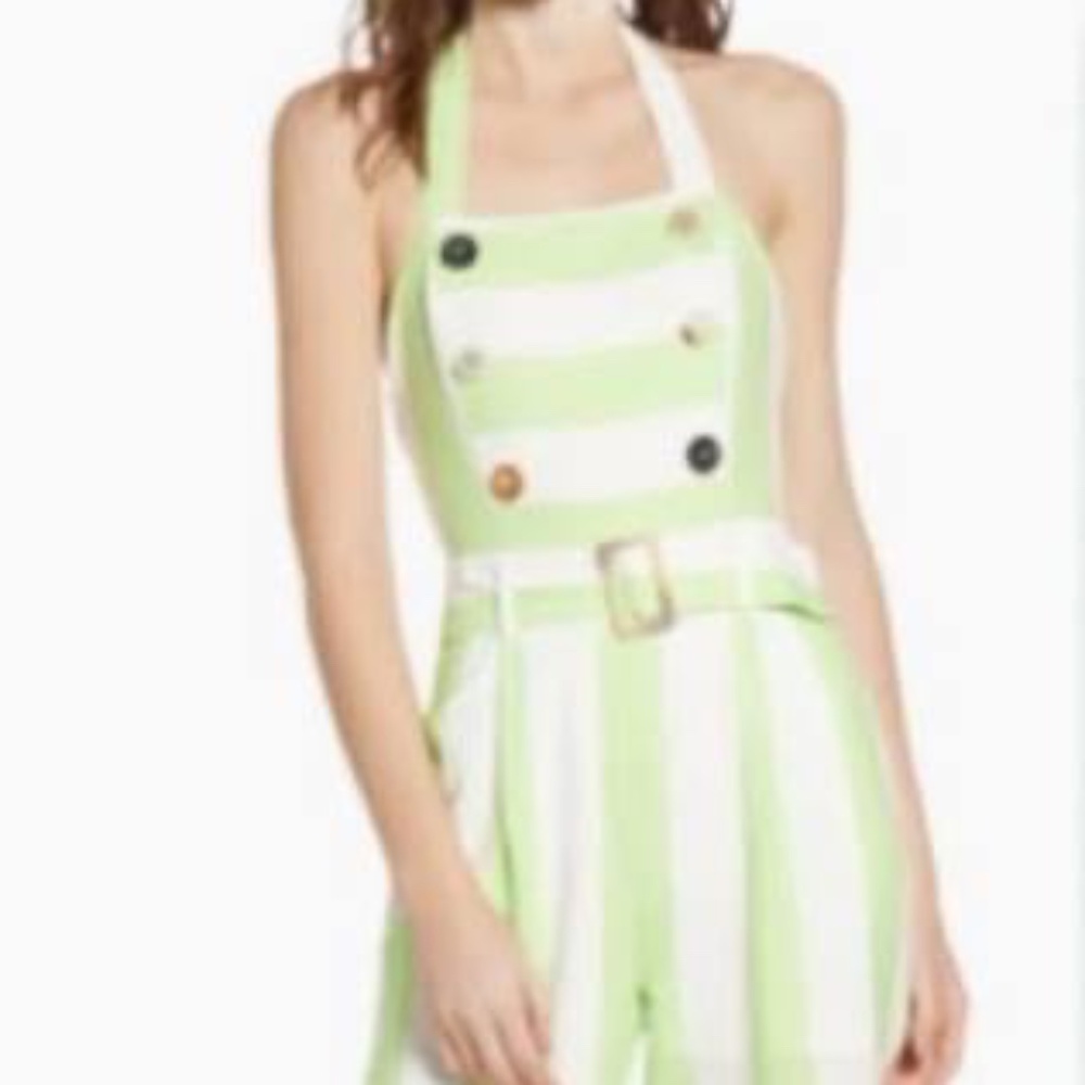 Moon River Lime Green and White Striped Halter Jumpsuit